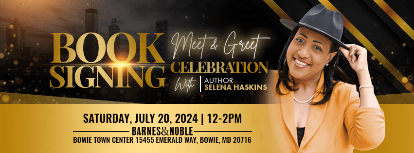 A poster for the book signing event with author selena haskins.